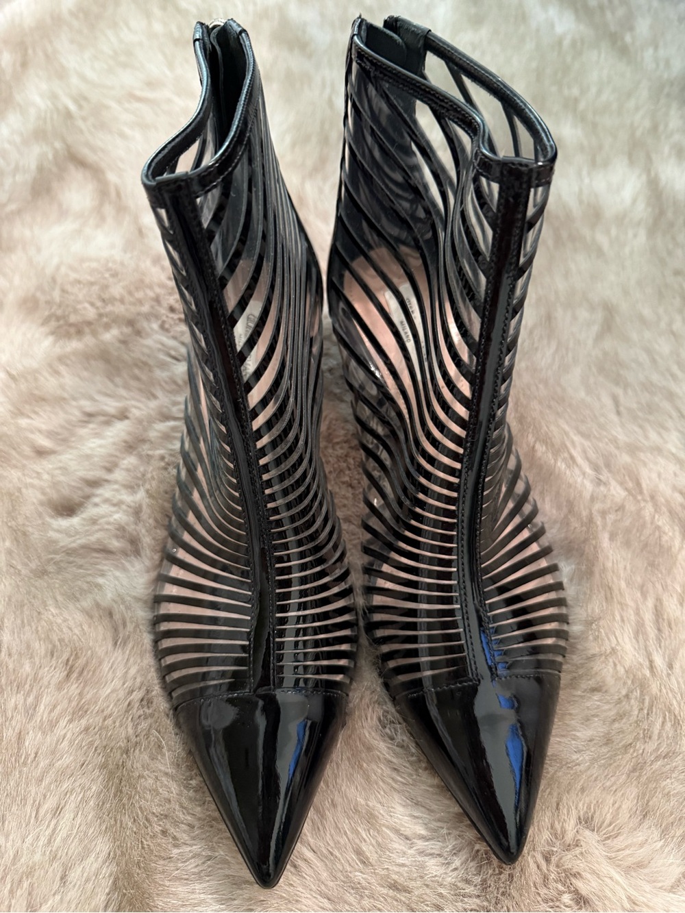 Giorgio Armani Black Striped Patent Leather Transparent Pointed-Toe Women's Boot - Picture 5 of 12